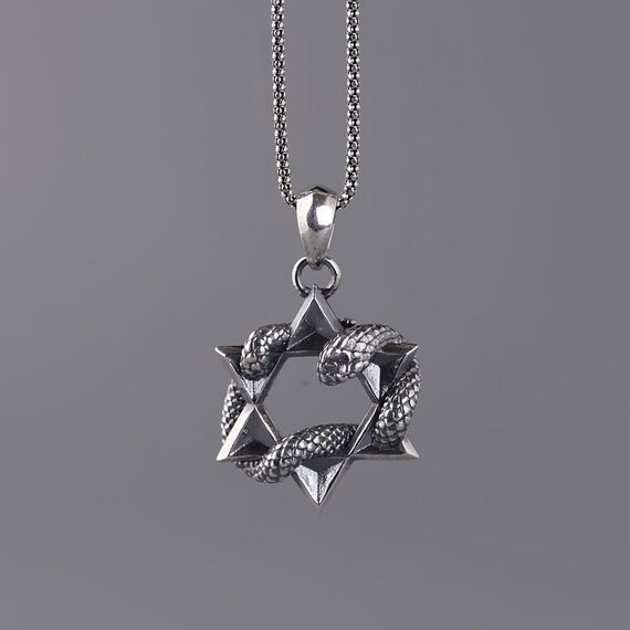 Vintage Echt 925 Sterling Silber Davidstern Halskette Kette mit Hexagramm Schlange Anhänger für Herren Damen