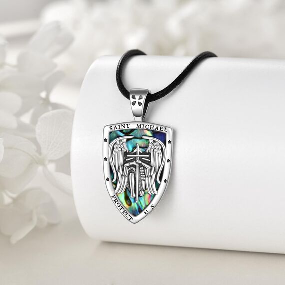 YFN St. Michael Kreuz Halskette für Frauen Männer Sterling Silber Religiöse Beschützer Anhänger St. Michael Erzengel Schmuck Geschenke (abalone)