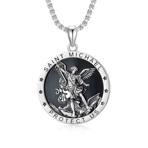 Shusukue St. Michael Kette, Erzengel Saint Michael Amulett Schutzpatron Halskette 925 Sterling Silber, Medaillen Gebetsmünzen Anhänger Religiöser Schmuck für Frauen Männer (Schwarzer Onyx)