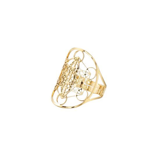 RWQIAN Damen Erzengel Gold Ring Metatron Muster Edelstahl Heilige Erzengel Ring Hohlring Blume des Lebens Einstellbare Schmuck Geschenk