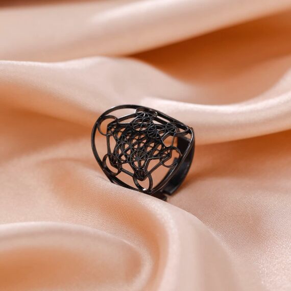 Amaxer Edelstahl Metatrons Cube Ring für Frauen Erzengel Metatron Schutzerklärung Ausgehöhlt Damen Band Ring Schmuck für Dame (Schwarz)