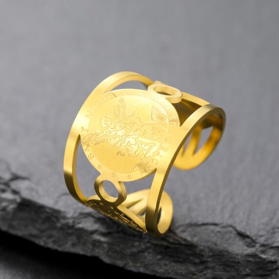 TEAMER Ring des Heiligen Michael aus Edelstahl, verstellbar, Ring des Heiligen Michael Der große Beschützer Erzengel Amulett, religiöser Schmuck für Damen und Herren