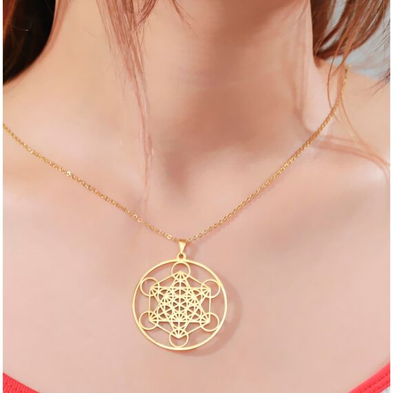 EUEAVAN Metatrons Würfel Halskette Metatron Würfel Heilige Geometrie Anhänger Siegel von Erzengel Engel Metatron Statement Halsketten Spiritueller Schutz Talisman für Frauen (großes Metatron gold)