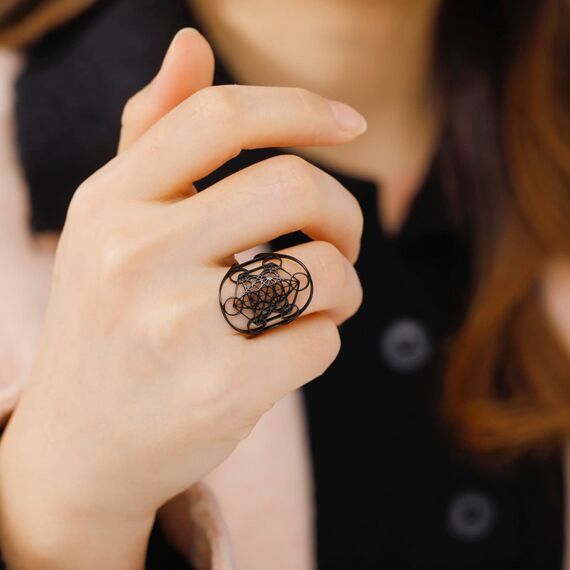 Amaxer Edelstahl Metatrons Cube Ring für Frauen Erzengel Metatron Schutzerklärung Ausgehöhlt Damen Band Ring Schmuck für Dame (Schwarz)