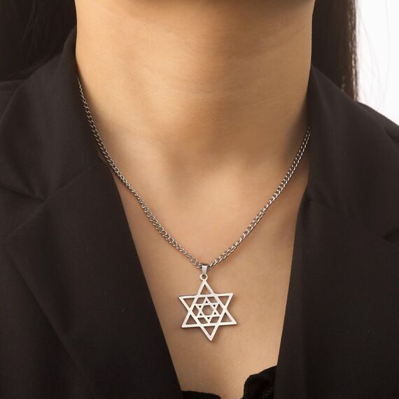 Dreamtimes Davidstern Halsketten Edelstahl Hexagramm Anhänger jüdische Halsketten Davidstern jüdischer Schmuck für Frauen Herren (Silber)