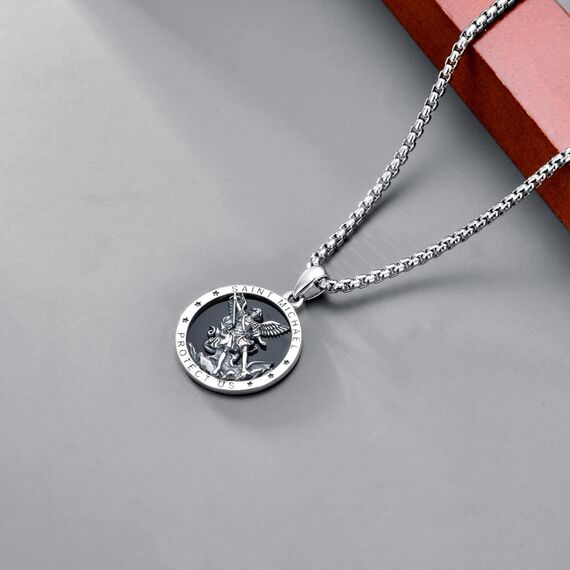 Shusukue St. Michael Kette, Erzengel Saint Michael Amulett Schutzpatron Halskette 925 Sterling Silber, Medaillen Gebetsmünzen Anhänger Religiöser Schmuck für Frauen Männer (Schwarzer Onyx)