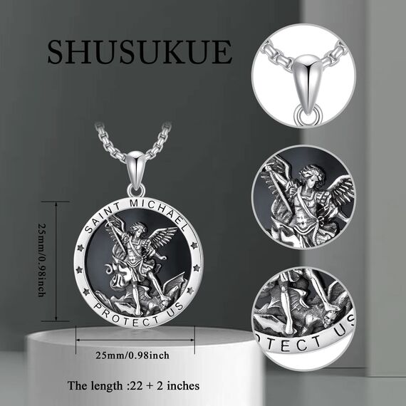Shusukue St. Michael Kette, Erzengel Saint Michael Amulett Schutzpatron Halskette 925 Sterling Silber, Medaillen Gebetsmünzen Anhänger Religiöser Schmuck für Frauen Männer (Schwarzer Onyx)
