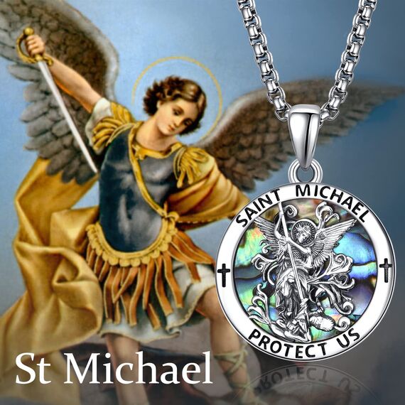 Abalone Schale Heiliger Michael Kette Sterling Silber St Michael Kette Saint Michael Anhänge Erzengel Michael Halskette Rund Amulett Schmuck für Herren