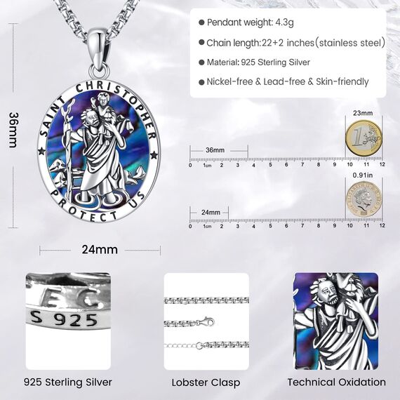 Eusense Halskette Erzengel Michael/St Benedikt/Heiliger Christopher/Jungfrau Maria/Kruzifix, Anhänger katholisch, religiös, 925 Silber, Schmuck, Schutz-Amulett, Medaille für Herren und Damen, Sterling