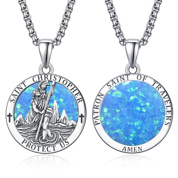 Blau Opal Heiliger Christophorus Kette Anhänger Sterling Silber St Christopherus Kette Herren Blau Opal St Christopher Halskette Schmuck Religiöser Geschenke