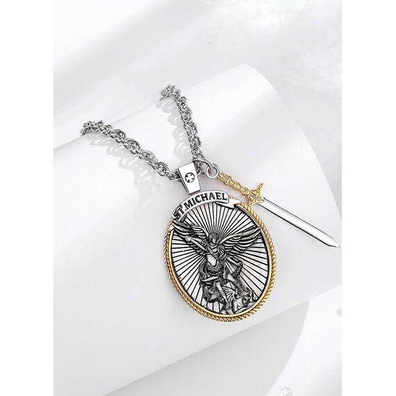 AEONSLOVE Erzengel Michael Halskette für Damen Herren 925 Sterling Silber Michael Anhänger mit Erzengel Schwert Heiliger Michael Medaille Saint Michael Archangel Amulett Kette Katholische Schmuck