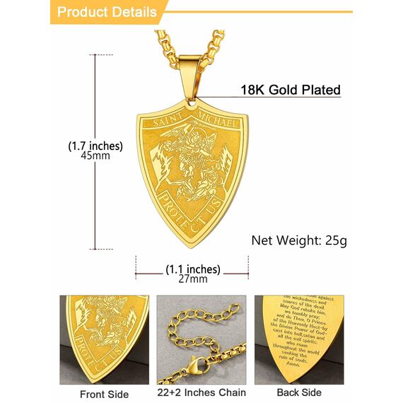 U7 Erzengel Michael Medaille Halskette 18k vergoldet Schild Form Anhänger mit 55+5cm Venezianierkette Schutz Patron Heilige Michael Modeschmuck Accessoire für Geburtstag
