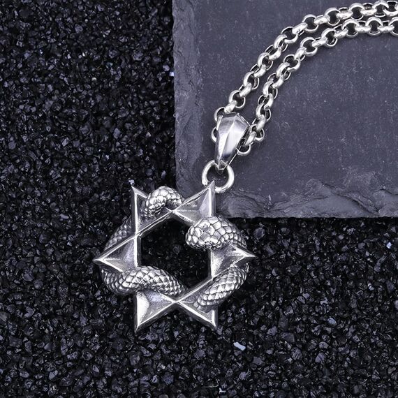 Vintage Echt 925 Sterling Silber Davidstern Halskette Kette mit Hexagramm Schlange Anhänger für Herren Damen