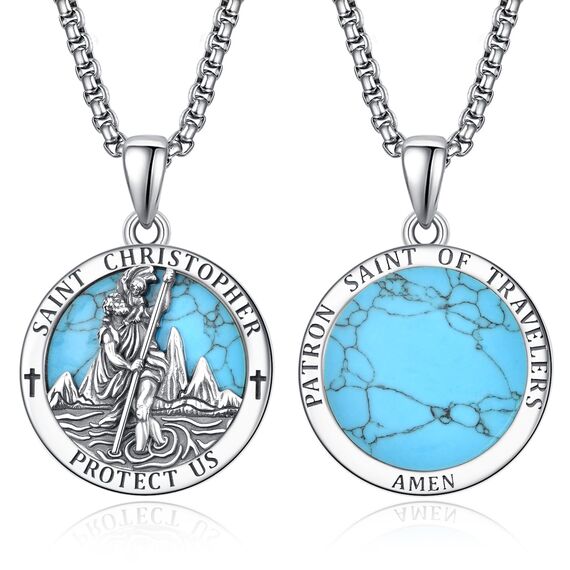 Türkis Heiliger Christophorus Kette Anhänger Sterling Silber St Christopherus Kette Herren Türkis St Christopher Halskette Schmuck Religiöser Geschenke