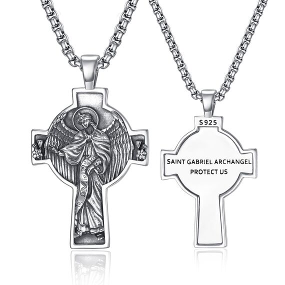 ADMETUS Erzengel Gabriel Kreuz Kette Silber 925 Heiliger Gabriel Erzengel Kreuz Anhänger Erzengel Gabriel Medaille Religiöse Geschenk für Herren