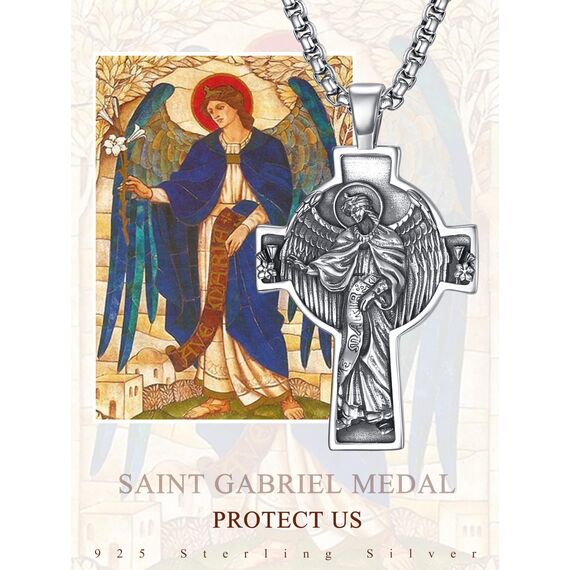 ADMETUS Erzengel Gabriel Kreuz Kette Silber 925 Heiliger Gabriel Erzengel Kreuz Anhänger Erzengel Gabriel Medaille Religiöse Geschenk für Herren