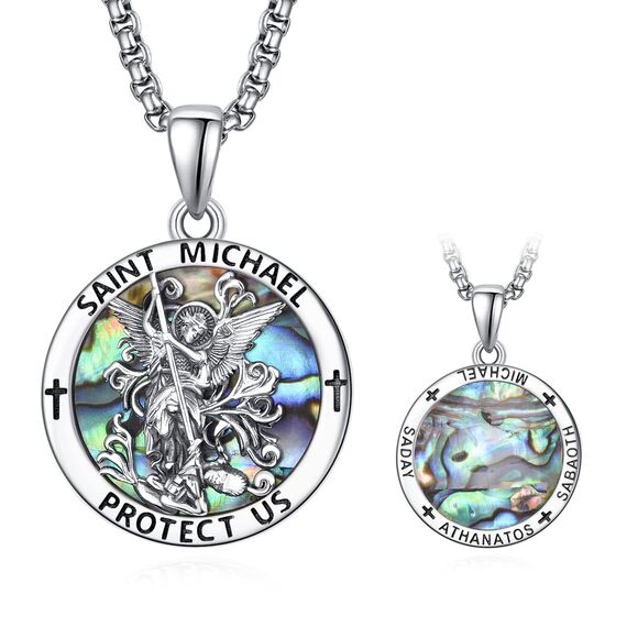Abalone Schale Heiliger Michael Kette Sterling Silber St Michael Kette Saint Michael Anhänge Erzengel Michael Halskette Rund Amulett Schmuck für Herren