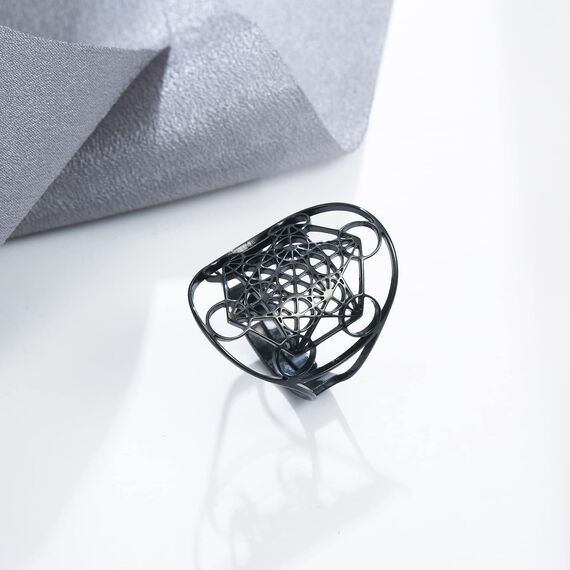 Amaxer Edelstahl Metatrons Cube Ring für Frauen Erzengel Metatron Schutzerklärung Ausgehöhlt Damen Band Ring Schmuck für Dame (Schwarz)