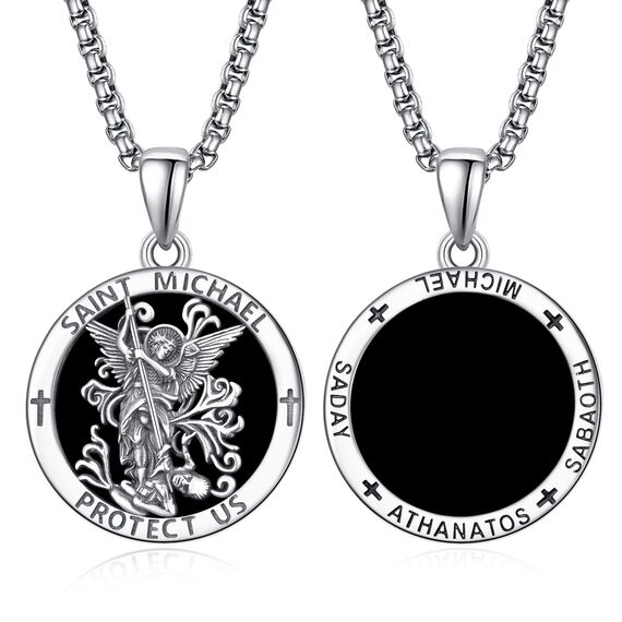Onyx Heiliger Michael Kette Sterling Silber St Michael Kette Onyx Saint Michael Anhänge Erzengel Michael Halskette Rund Amulett Schmuck für Herren