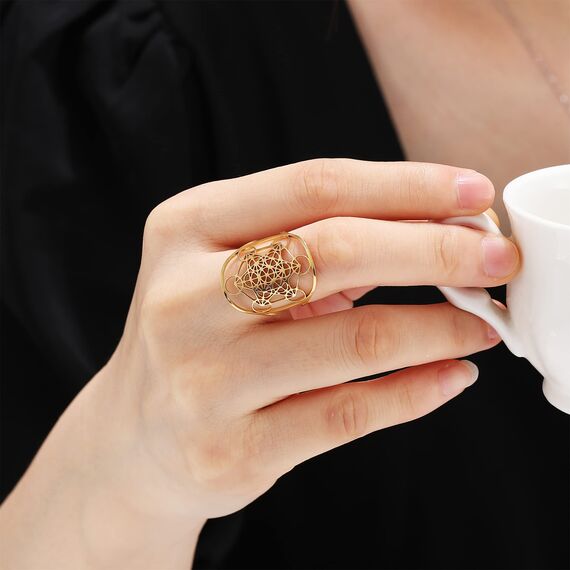 RWQIAN Damen Erzengel Gold Ring Metatron Muster Edelstahl Heilige Erzengel Ring Hohlring Blume des Lebens Einstellbare Schmuck Geschenk