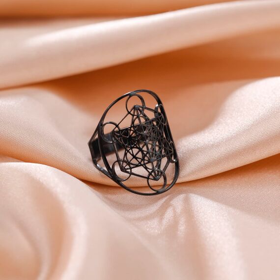 Amaxer Edelstahl Metatrons Cube Ring für Frauen Erzengel Metatron Schutzerklärung Ausgehöhlt Damen Band Ring Schmuck für Dame (Schwarz)
