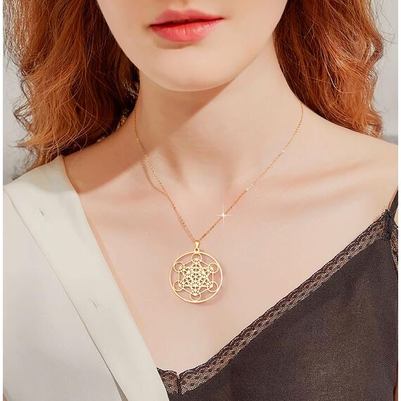 EUEAVAN Metatrons Würfel Halskette Metatron Würfel Heilige Geometrie Anhänger Siegel von Erzengel Engel Metatron Statement Halsketten Spiritueller Schutz Talisman für Frauen (großes Metatron gold)