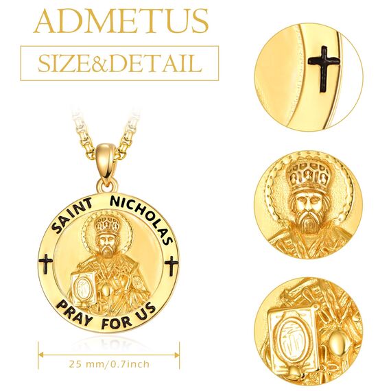 ADMETUS Gold Heiliger Nikolaus Anhänger 925 Sterling Silber St. Nikolaus Kette Gold St Nikolaus Anhänger Medaille Religiöse Geschenk für Herren