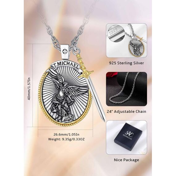 AEONSLOVE Erzengel Michael Halskette für Damen Herren 925 Sterling Silber Michael Anhänger mit Erzengel Schwert Heiliger Michael Medaille Saint Michael Archangel Amulett Kette Katholische Schmuck