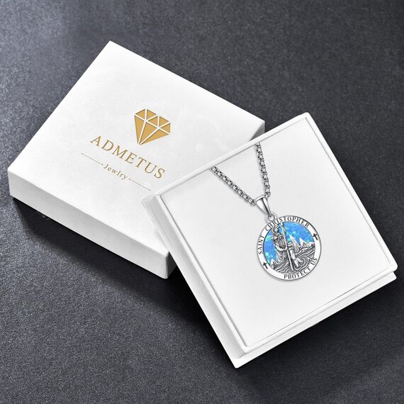 Blau Opal Heiliger Christophorus Kette Anhänger Sterling Silber St Christopherus Kette Herren Blau Opal St Christopher Halskette Schmuck Religiöser Geschenke