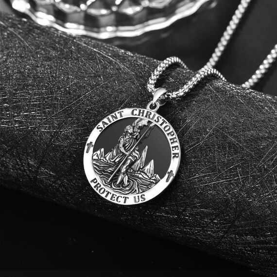 Onyx Heiliger Christophorus Kette Anhänger Sterling Silber St Christopherus Kette Herren Onyx St Christopher Halskette Schmuck Religiöser Geschenke