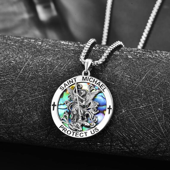 Abalone Schale Heiliger Michael Kette Sterling Silber St Michael Kette Saint Michael Anhänge Erzengel Michael Halskette Rund Amulett Schmuck für Herren