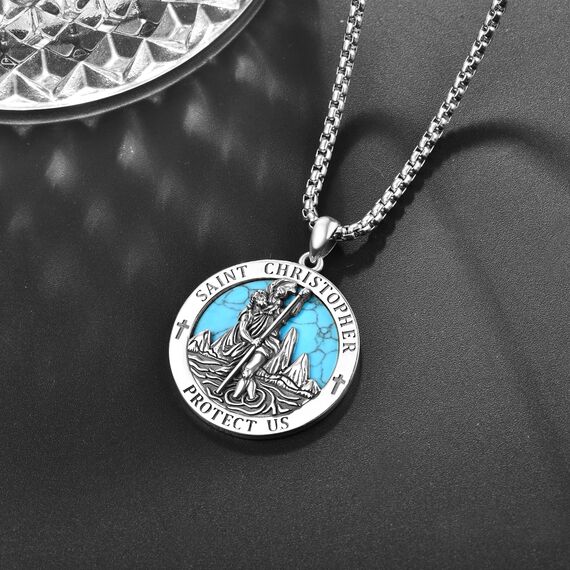 Türkis Heiliger Christophorus Kette Anhänger Sterling Silber St Christopherus Kette Herren Türkis St Christopher Halskette Schmuck Religiöser Geschenke