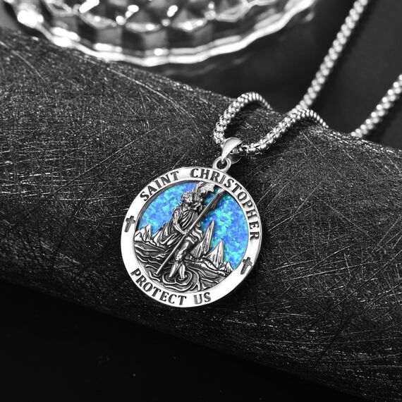 Blau Opal Heiliger Christophorus Kette Anhänger Sterling Silber St Christopherus Kette Herren Blau Opal St Christopher Halskette Schmuck Religiöser Geschenke