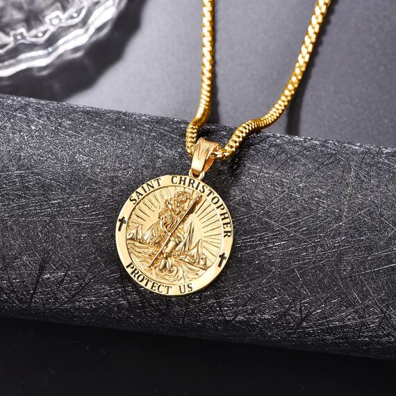 ADMETUS Gold Heiliger Christophorus Kette Anhänger Sterling Silber St Christopherus Kette Herren St Christopher Halskette Rund Amulett Schmuck Religiöser Geschenke
