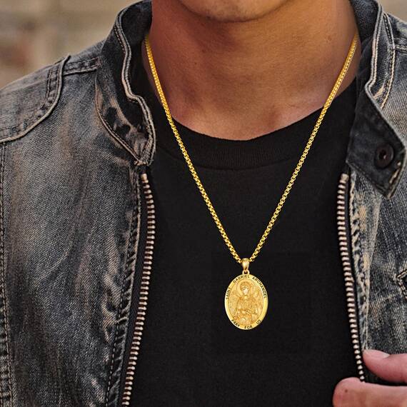 ADMETUS Gold Erzengel Gabriel Kette 925 Sterling Silber Heiliger Gabriel Erzengel Anhänger Gold Erzengel Gabriel Medaille Religiöse Geschenk für Herren