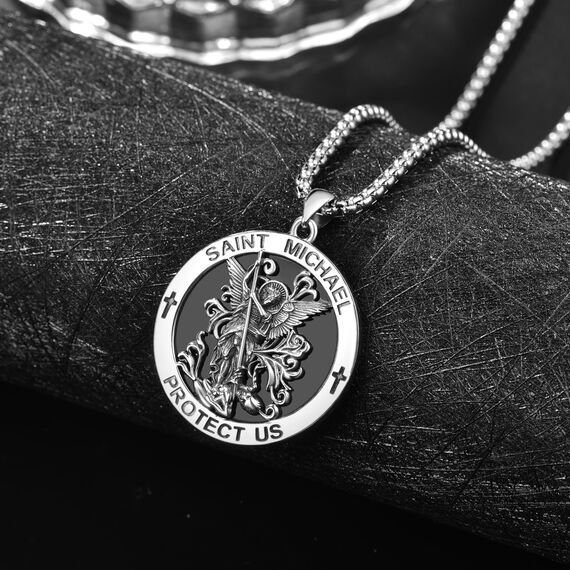 Onyx Heiliger Michael Kette Sterling Silber St Michael Kette Onyx Saint Michael Anhänge Erzengel Michael Halskette Rund Amulett Schmuck für Herren