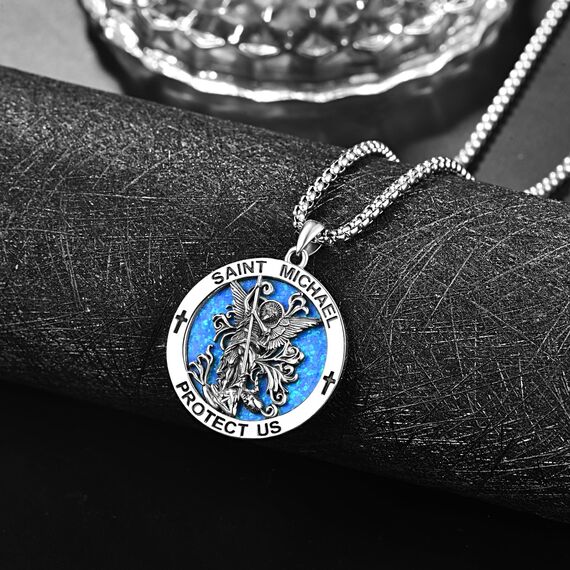 Blau Opal Heiliger Michael Kette Sterling Silber St Michael Kette Blau Opal Saint Michael Anhänge Erzengel Michael Halskette Rund Amulett Schmuck für Herren