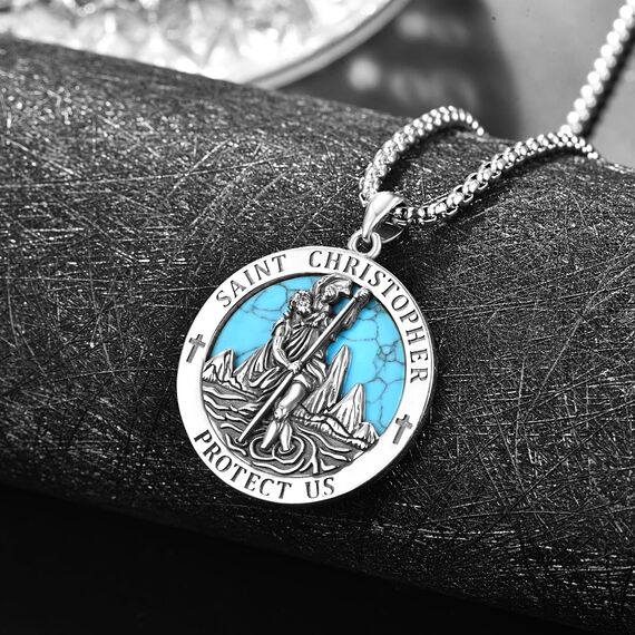 Türkis Heiliger Christophorus Kette Anhänger Sterling Silber St Christopherus Kette Herren Türkis St Christopher Halskette Schmuck Religiöser Geschenke