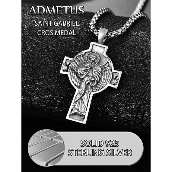 ADMETUS Erzengel Gabriel Kreuz Kette Silber 925 Heiliger Gabriel Erzengel Kreuz Anhänger Erzengel Gabriel Medaille Religiöse Geschenk für Herren