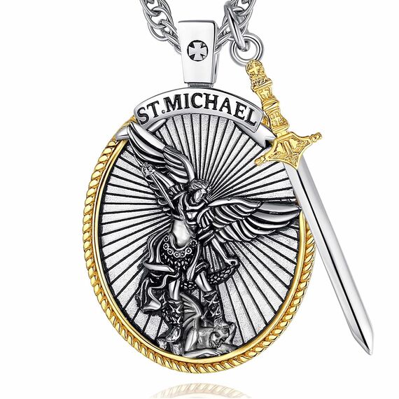 AEONSLOVE Erzengel Michael Halskette für Damen Herren 925 Sterling Silber Michael Anhänger mit Erzengel Schwert Heiliger Michael Medaille Saint Michael Archangel Amulett Kette Katholische Schmuck