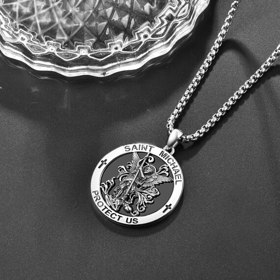 Onyx Heiliger Michael Kette Sterling Silber St Michael Kette Onyx Saint Michael Anhänge Erzengel Michael Halskette Rund Amulett Schmuck für Herren