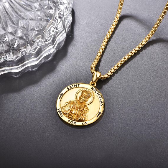 ADMETUS Gold Heiliger Nikolaus Anhänger 925 Sterling Silber St. Nikolaus Kette Gold St Nikolaus Anhänger Medaille Religiöse Geschenk für Herren