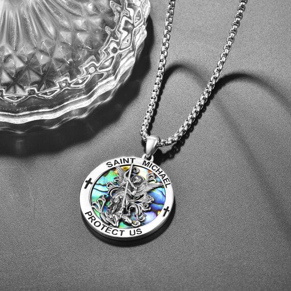 Abalone Schale Heiliger Michael Kette Sterling Silber St Michael Kette Saint Michael Anhänge Erzengel Michael Halskette Rund Amulett Schmuck für Herren