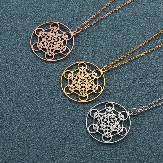 AFSTALR Metatron Würfel Halskette, Heilige Geometrie Anhänger,Talisman Erzengel Anhänger für Frauen Argent Halskette Edelstahl Schmuck