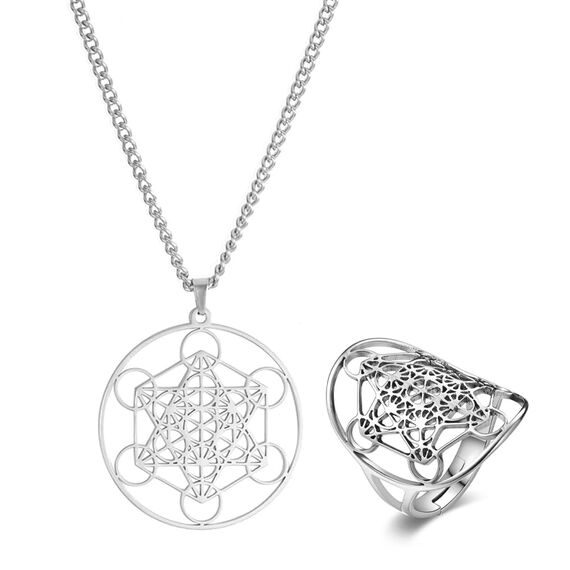 Ringe + Halskette für Damen & Herren, Edelstahl Metatrons Cube Ring für Frauen Erzengel Metatron Schutzerklärung Ausgehöhlt Damen Band Ring Schmuck für Dame Herren, einstellbar