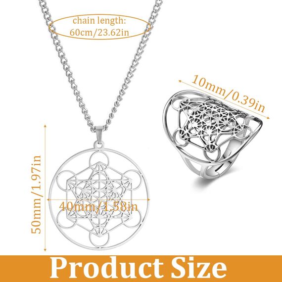 Ringe + Halskette für Damen & Herren, Edelstahl Metatrons Cube Ring für Frauen Erzengel Metatron Schutzerklärung Ausgehöhlt Damen Band Ring Schmuck für Dame Herren, einstellbar