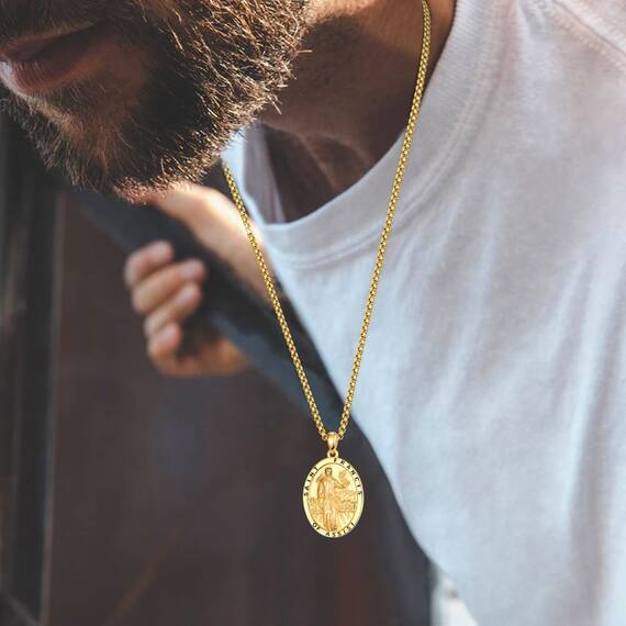 Gold Heiliger Franziskus Anhänger Halskette 925 Sterling Silber Franziskus von Assisi - Medaillen der Schutzheiligen Schutz Schmuck Religiöse Geschenk für Herren