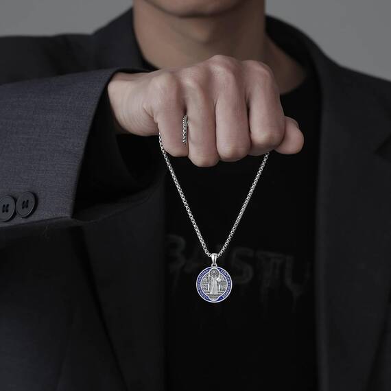 ADMETUS Heiliger Benedikt Anhänger Silber 925 San Benito Medallion Blaue Heiliger Benedikt Medaille Blaue St. Benedikt Kette Halskette Schmuck Geschenk für Herren