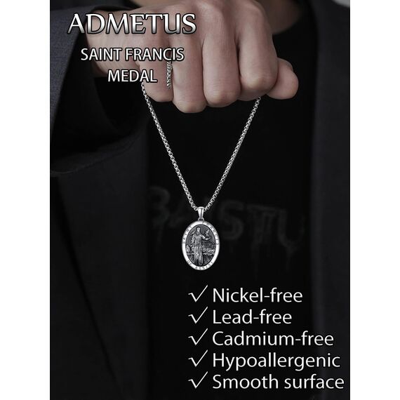 ADMETUS Heiliger Franziskus Anhänger Halskette 925 Sterling Silber Franziskus von Assisi - Medaillen der Schutzheiligen Schutz Schmuck Religiöse Geschenk für Herren