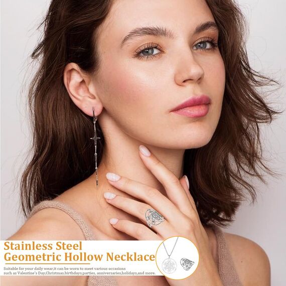 Ringe + Halskette für Damen & Herren, Edelstahl Metatrons Cube Ring für Frauen Erzengel Metatron Schutzerklärung Ausgehöhlt Damen Band Ring Schmuck für Dame Herren, einstellbar
